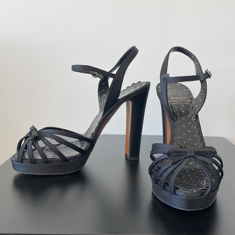 Moschino Black Satin Heels with Ankle Strap Size 39